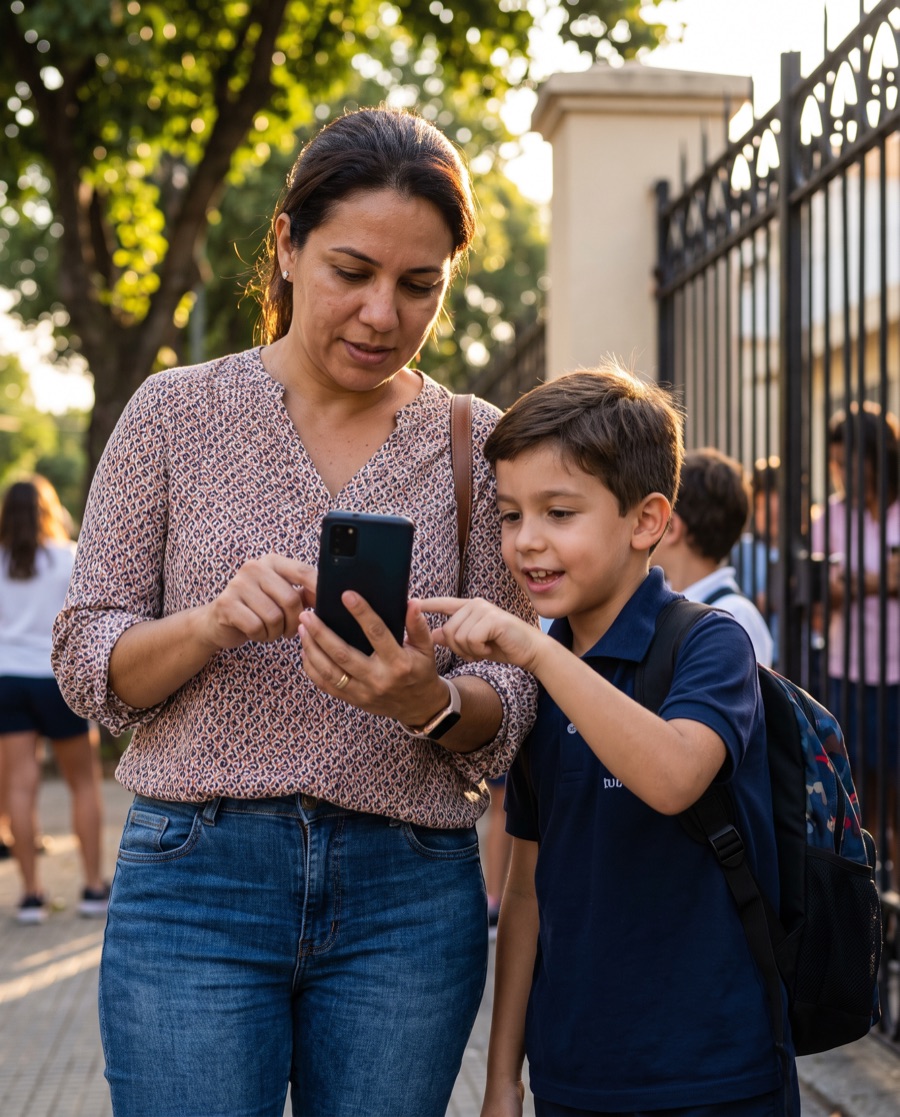 Mãe e filho olhando o celular no portão da escola