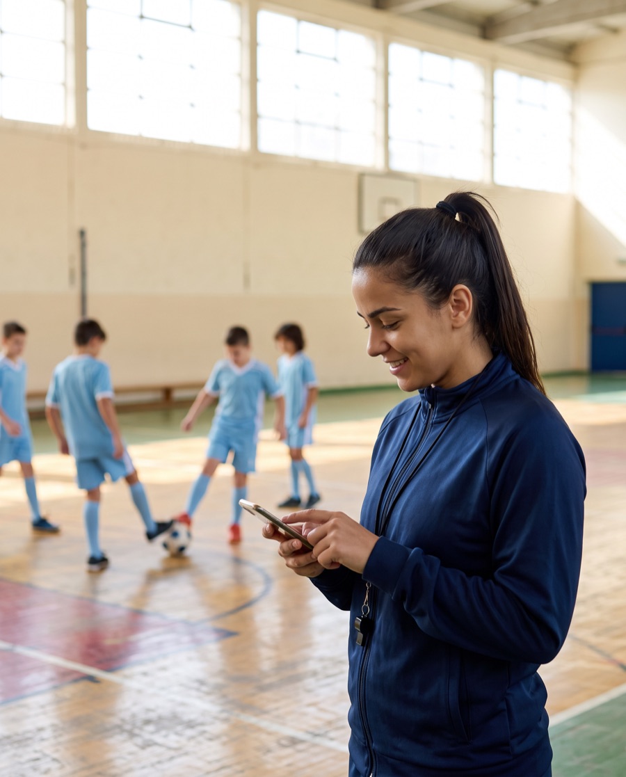 Professora de futsal fazendo a chamada no celular na quadra