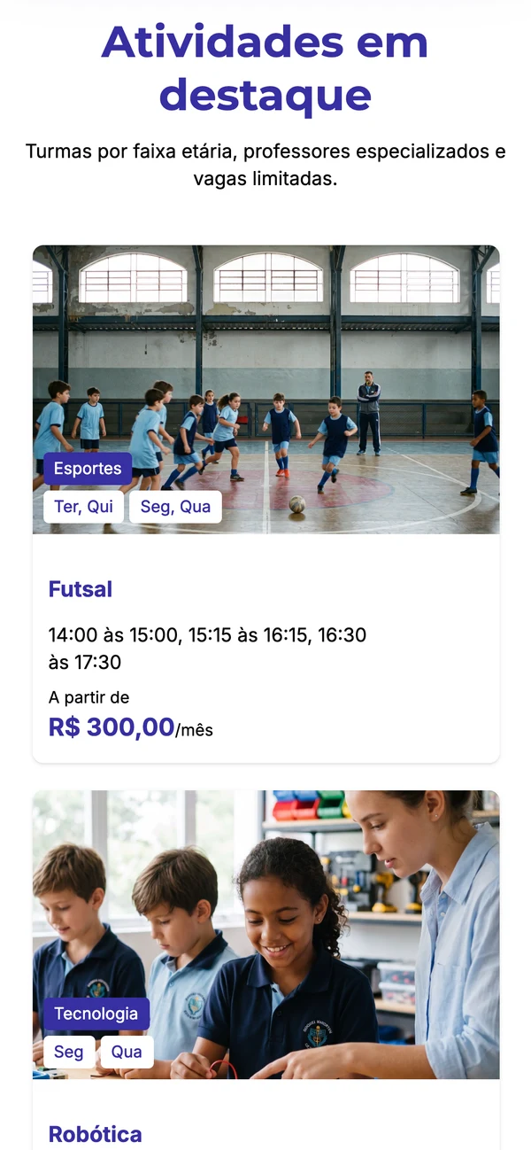 Página de atividades de uma escola de demonstração no celular, com fotos, dias, horários e preços