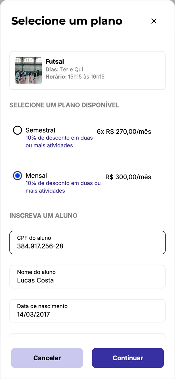 Escolha do plano e inscrição do aluno pelo CPF, no celular