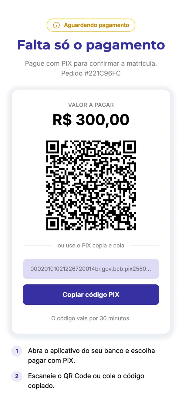 Tela de pagamento com PIX: valor, QR code e código copia e cola
